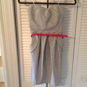 BCX strapless seersucker dress with pink belt